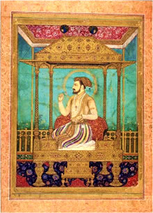 Una rappresentazione artistica di Shah Jahan su un trono di pavone