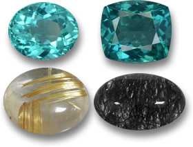 Teal Colored Apatite Gems, and Golden and Black Rutile Quartz Cabochons