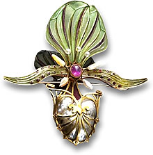 Art Nouveau Gold, Enamel, Pink Gemstone and Pearl Brooch by Georges Fouquet