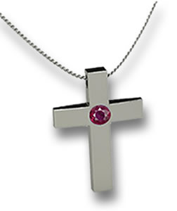 Silver Cross Pendant with Inlaid Ruby