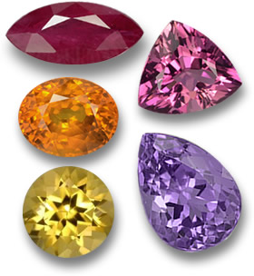 Fiery Colored Gems: Ruby, Pink Tourmaline, Orange Sapphire, Amethyst and Golden Beryl