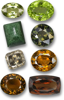 Wood Element Gemstones: Demantoid Garnet, Peridot, Maw-Sit-Sit, Kornerupine, Champagne Diamond, Golden Zircon, Tourmaline and Enstatite