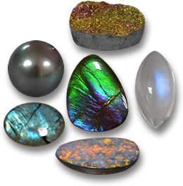 Iridescent Gems: Rainbow Pyrite, Moonstone, Opal Doublet, Labradorite, Pearl and Ammolite