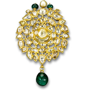 Traditional Kundan Pendant/Brooch with Diamonds, Pearl and Emeralds