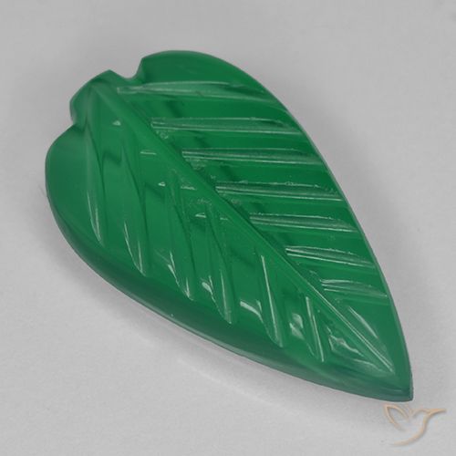 3ct Carved Leaf Green Agate from India, Dimension 16.7 x 9.1mm, Natural dyed Gemstone, Translucent Clarity, 1 piece Agate in Medium Green Color, Mohs Hardness of 6.5 - 7 suitable for daily wear jewelry, Photo A