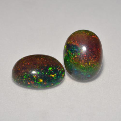 Matching Pair of 8.4 x 6.5mm Oval Cabochon Multicolor Black Opal