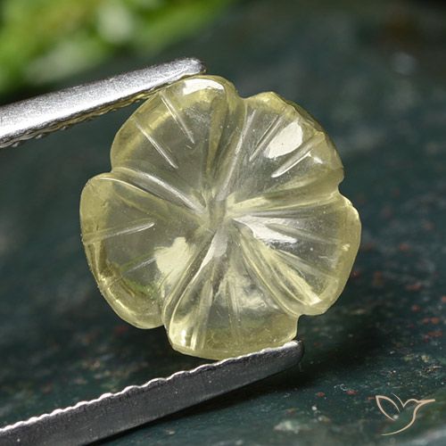 2.45ct Flower Cut Light Greenish Yellow Quartz from Brazil, Dimension 9.6 x 9.4mm, Natural irradiated Gemstone, Transparent Clarity, 1pc Carved Flower Quartz, Mohs Hardness of 7 suitable for daily wear jewelry, Photo A