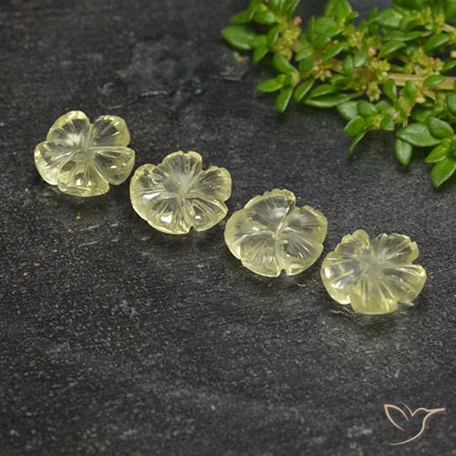 Lot of 4pc Carved Flower Yellow Quartz from Brazil - Size 8 x 7.8mm, Weight 5.16ct total / avg. 1.29ct each, Color: Light Greenish Yellow, Mohs Hardness 7 suitable for daily wear jewelry, Photo A