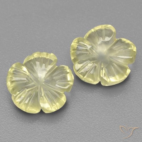 2pc Matching Flower Cut Yellow Quartzs in Size 9.7 x 9.6mm, Weight 4.17ct total / avg. 2.09ct each, Lemon Yellow in Transparent Clarity, Natural Gemstone, Mohs Hardness 7 suitable for daily wear jewelry, Photo A
